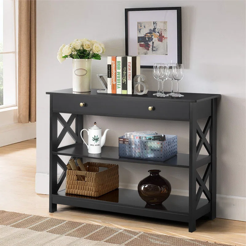 3-Tier Console Table with Drawer – Slim Entryway Table with Storage Shelves in Wood Finish