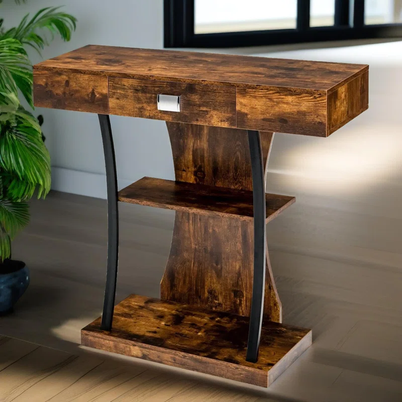Modern Industrial Coffee Table with Drawer & 2-Tier Storage Shelves – Metal Frame