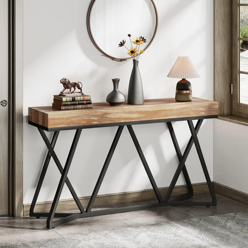 Industrial Console Table with 140cm Display Top – Rustic Wood-Effect & Metal Frame