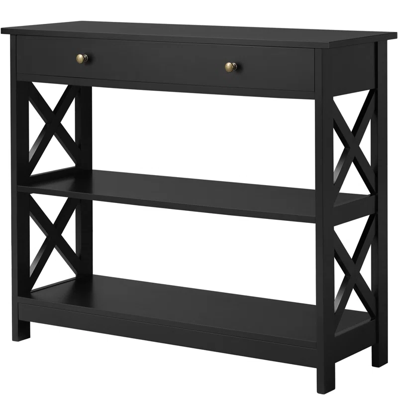 3-Tier Console Table with Drawer – Slim Entryway Table with Storage Shelves in Wood Finish