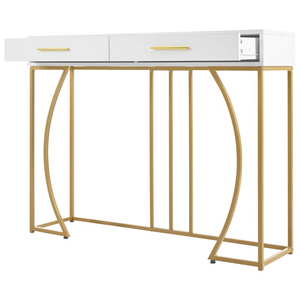 White & Gold Console Table with Drawers – Modern Hallway Table with Metal Frame and MDF Top