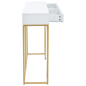 White & Gold Console Table with Drawers – Modern Hallway Table with Metal Frame and MDF Top