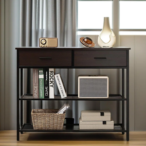 Industrial Console Table with Drawers & Metal Shelves