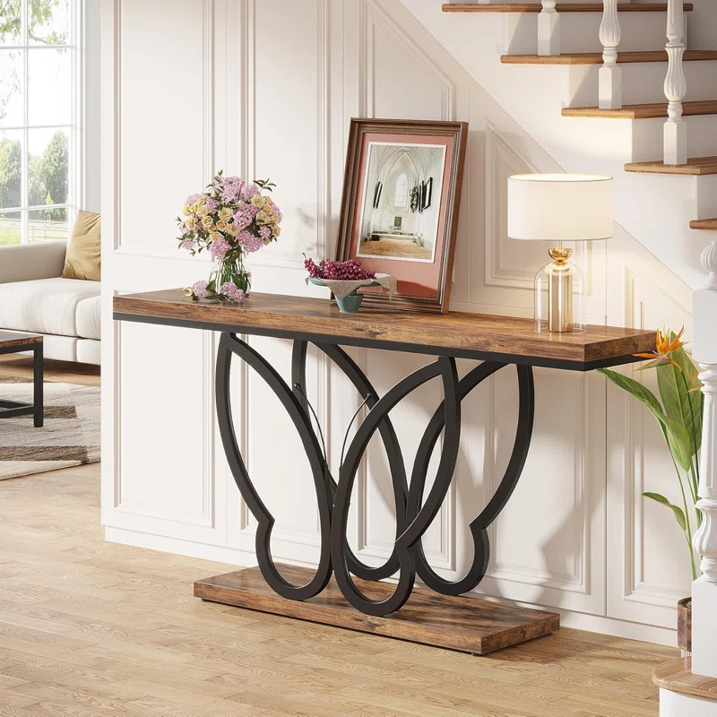Brown & Black Console Table with Butterfly Frame